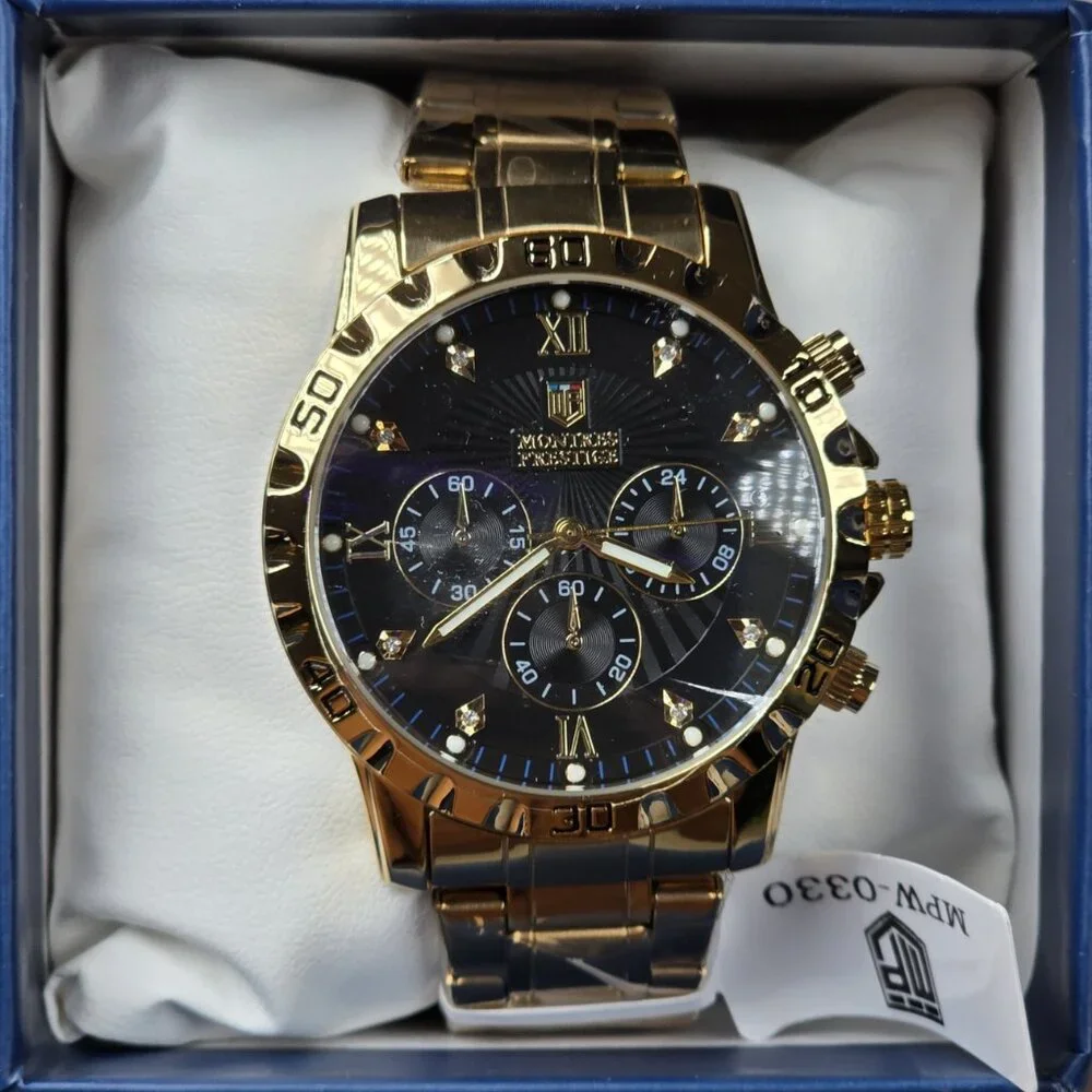 Montres Prestige MPW-0330‎ Gold Chronograph Style Watch Black Dial New w Box